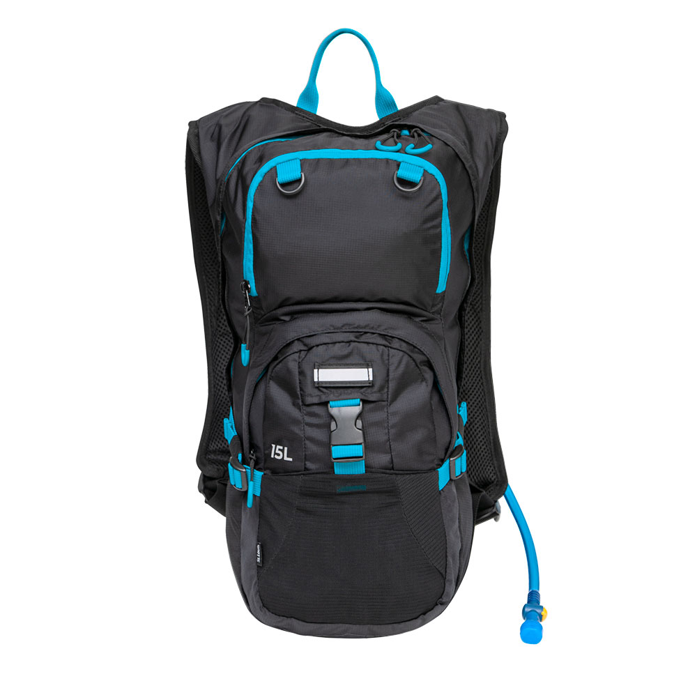 Sort ryggsekk med turkise detaljer